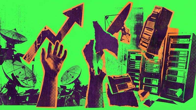 An abstract, neon-green collage by Creally depicting the shift from traditional SEO to GEO, featuring satellite dishes, server racks, and a hand pushing a growth arrow upward.