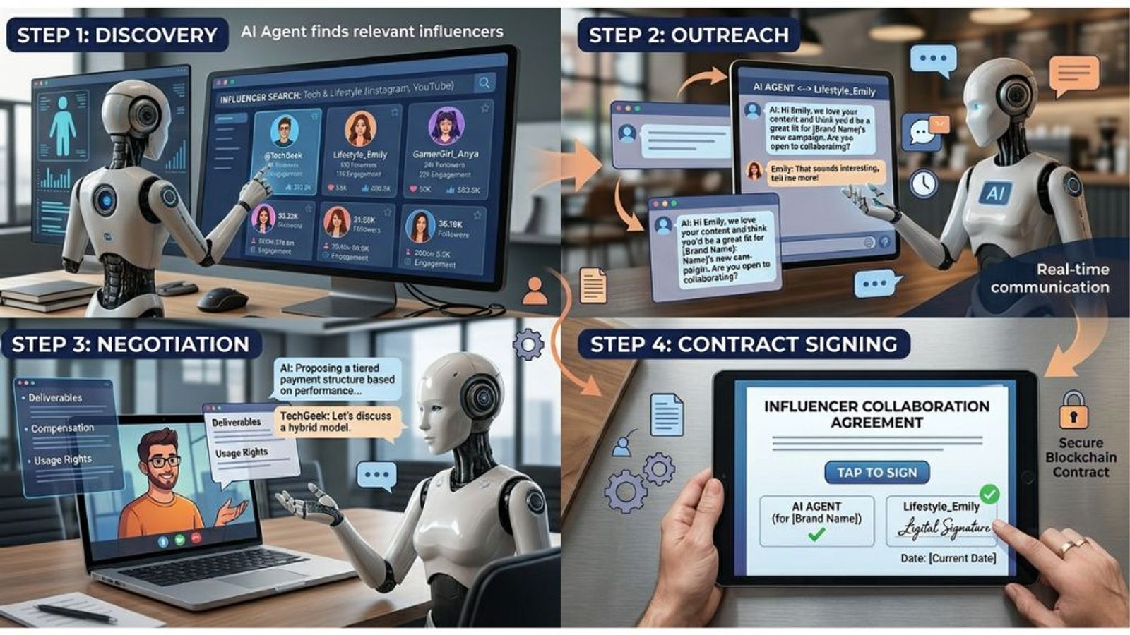 A four-step infographic illustrating an AI agent streamlining the influencer marketing workflow: 1) Discovery, where an AI agent searches for influencers; 2) Outreach, showing an AI agent communicating with a creator in real-time; 3) Negotiation, where the AI discusses terms like deliverables and compensation; and 4) Contract Signing, featuring the digital signing of a secure blockchain contract on a tablet. The image highlights the end-to-end automation of brand and influencer collaborations.