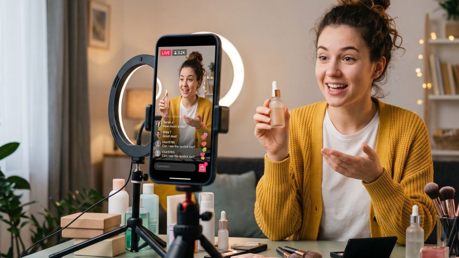 A female content creator  filming a beauty live commerce stream  from home using a smartphone on a tripod with a ring light, showcasing cosmetic products tracked via the  next to a Today's Deals sign.