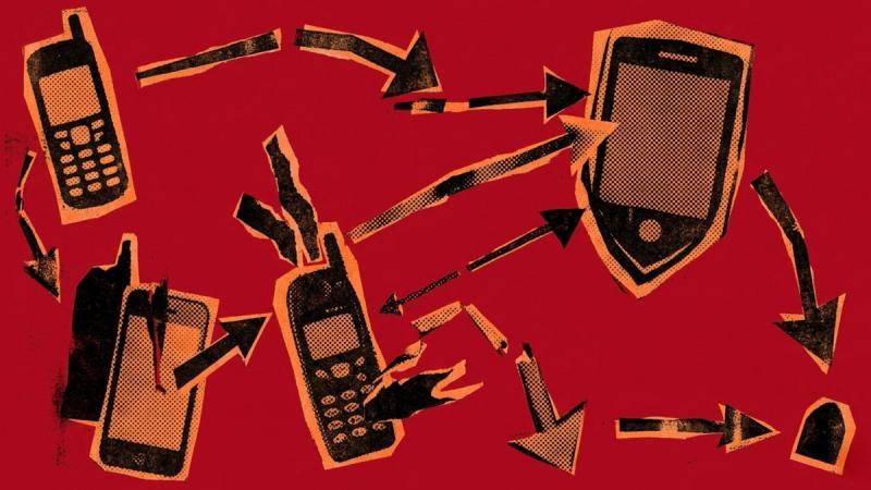 A stylized pop-art illustration on a red background featuring various mobile phone models connected by black arrows, symbolizing the complex journey of mobile attribution and the challenges of tracking leads in the privacy-focused era of iOS 18