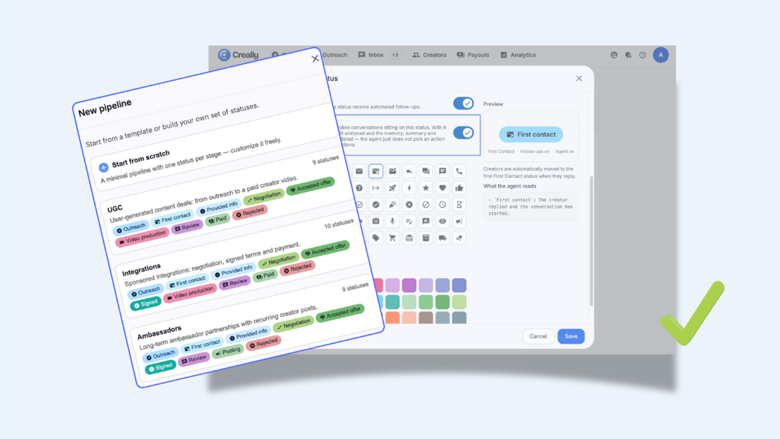 Creally new pipeline template setup window with customizable status options and icons.