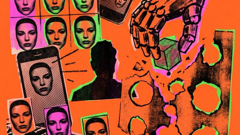 A multi-colored collage in the style of pop art, featuring repeated halftone dots and screen-printed portraits of a woman's face in various colors like green and purple, arranged like contact sheets or displayed on smartphone screens. A shadowy profile is center, and a mechanical, robotic hand holds a green cube, next to rough-edged cutouts, all on a vibrant orange background.