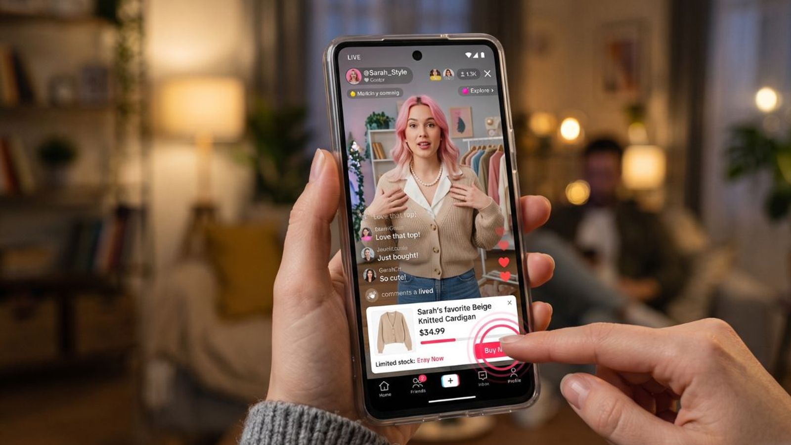 A close-up of a user holding a smartphone and tapping the Buy Now button on a native instant checkout pop-up  during a live fashion commerce stream where a pink-haired influencer models a beige knitted cardigan.