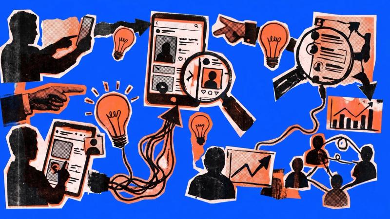 An orange and black collage illustration on a solid blue background depicting the process of searching for mobile app marketing influencers on Creally. The artwork shows silhouettes of people using smartphones and tablets, magnifying glasses analyzing social media profiles, glowing lightbulbs representing ideas, and analytics growth charts, capturing the data-driven workflow of finding TikTok UGC creators.
