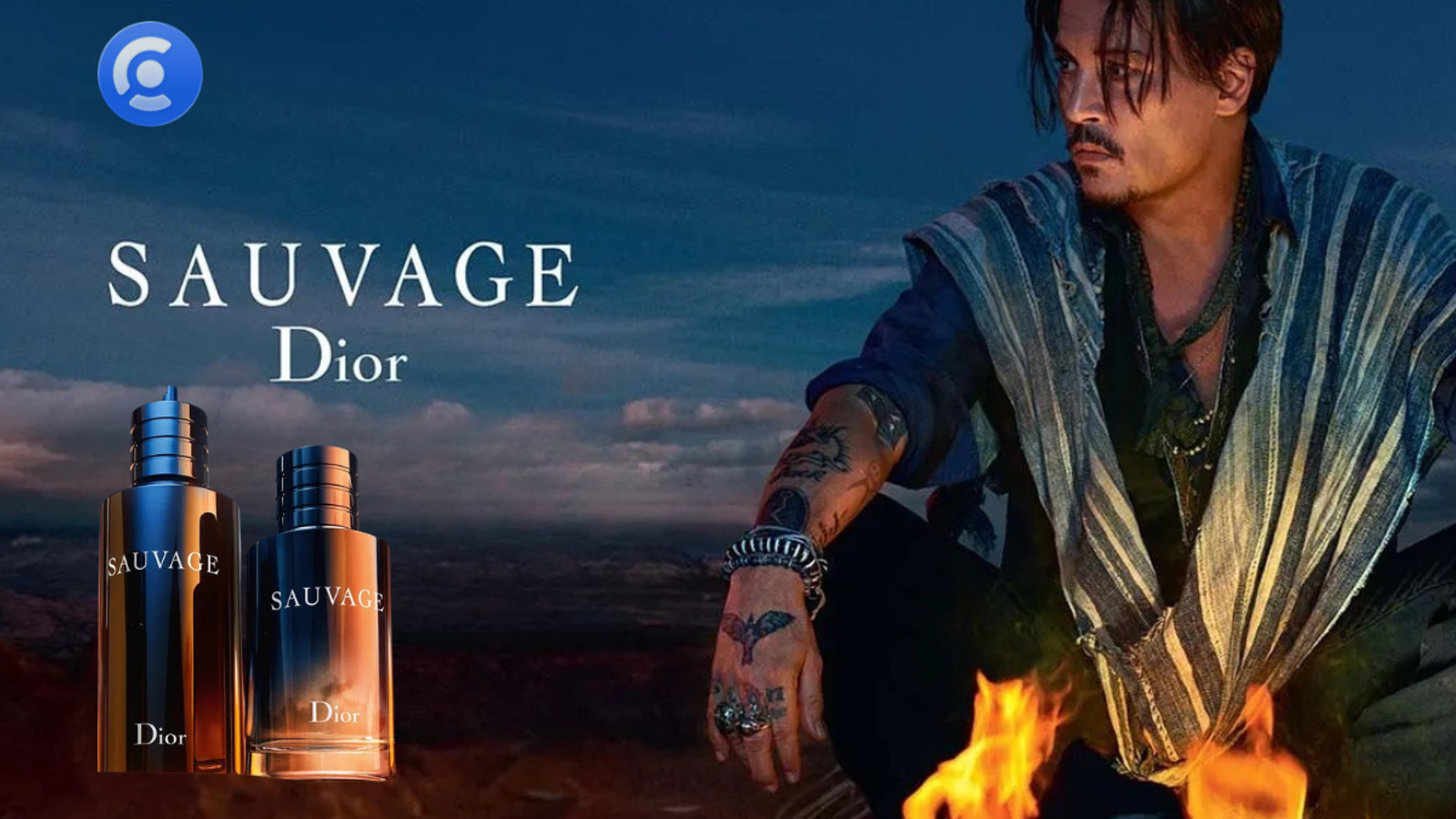 Johnny Depp seated by a campfire in a desert landscape next to two bottles of Sauvage Dior cologne, featured as an example of brand-ambassador relationship management on the Creally platform.