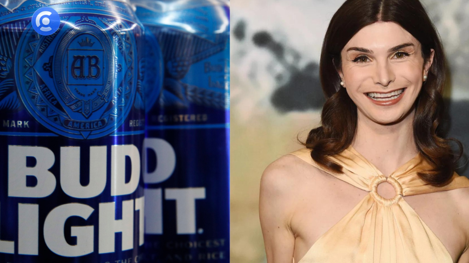 A side-by-side split image featuring a close-up of blue Bud Light beer cans on the left and a portrait of influencer Dylan Mulvaney smiling in a yellow dress on the right, illustrative of influencer marketing case studies discussed on the Creally platform.