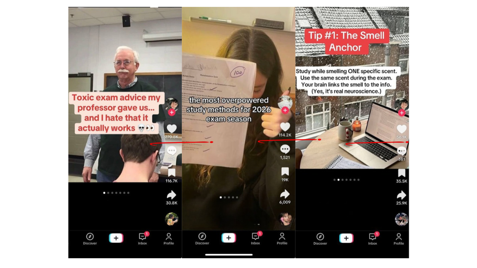 Three TikTok video screenshots showing viral study tips and exam hacks produced by brand ambassadors for Creally.