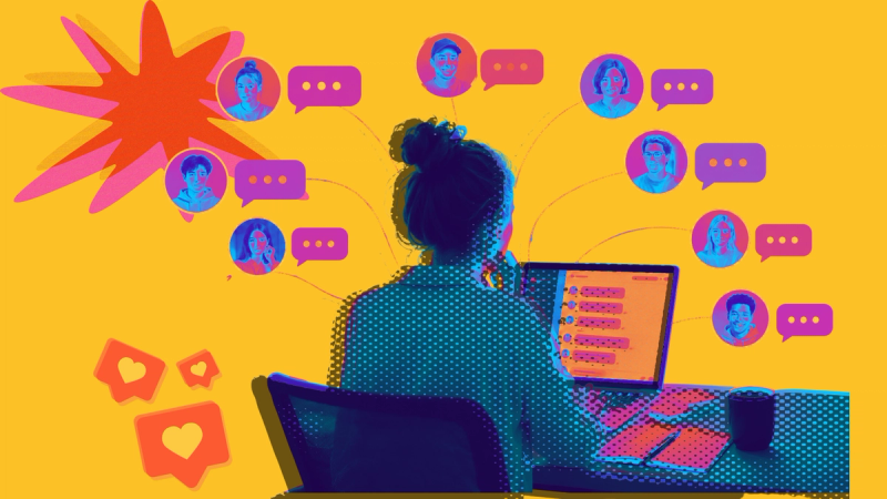 A vibrant pop-art style illustration of an influencer marketing manager working at a laptop, managing multiple creator profiles and messaging chats simultaneously using the Creally platform on a yellow background.