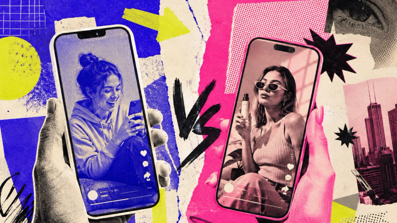 A vibrant pop-art collage for Creally comparing UGC vs influencer content on smartphones for mobile app user acquisition, showcasing a user-generated video interface versus a creator promotion.