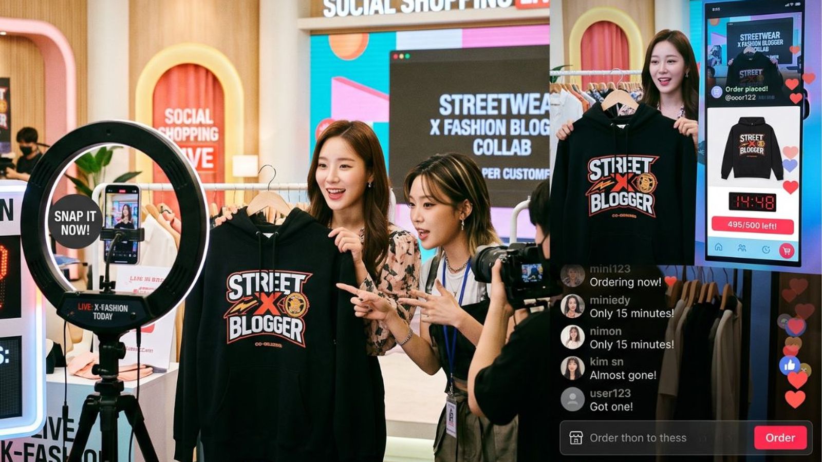A live commerce product drop studio setup with two female hosts presenting an exclusive streetwear hoodie collaboration, featuring a digital countdown timer widget for tracking limited stock alongside a smartphone interface powered by Creally for social shopping