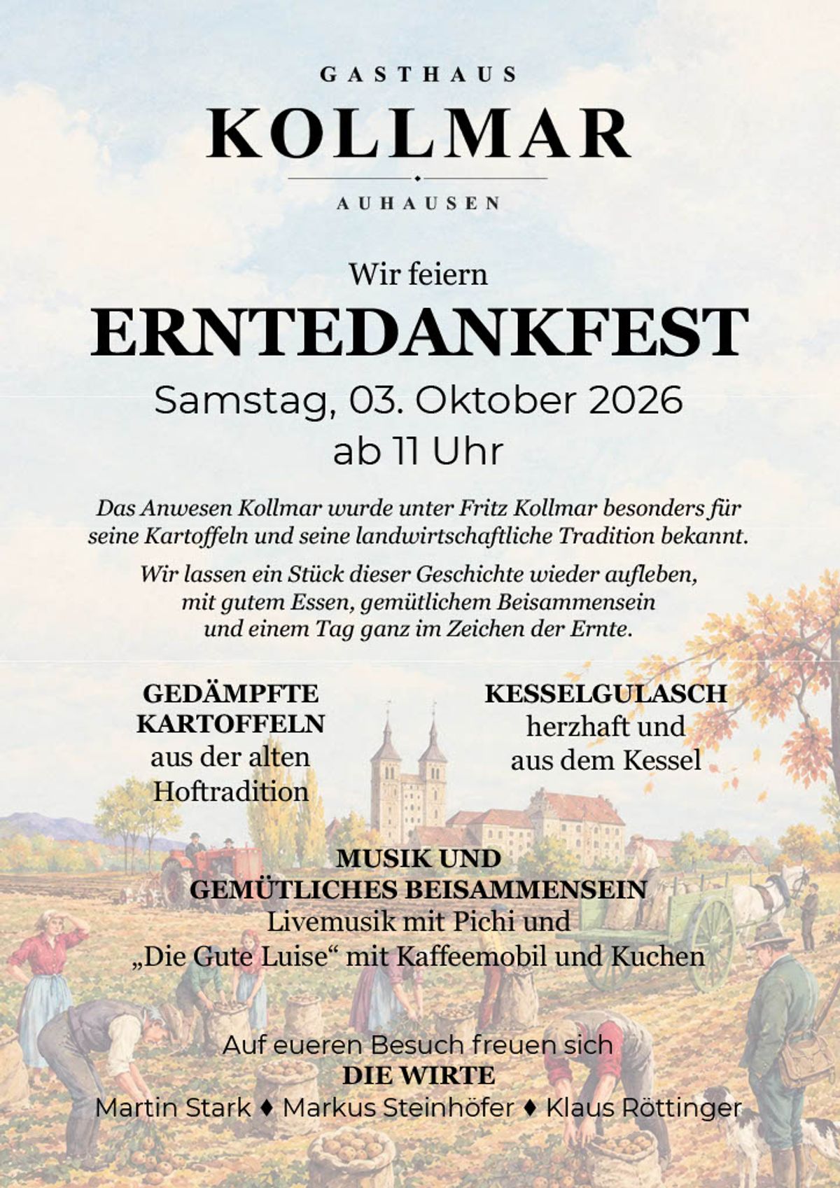 Flyer Erntedankfest am 03.10.2026 ab 11:00 Uhr im Gasthaus Kollmar 