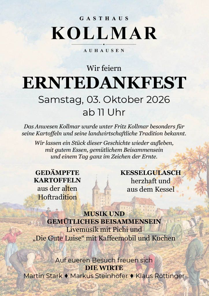 Flyer Erntedankfest am 03.10.2026 ab 11:00 Uhr im Gasthaus Kollmar