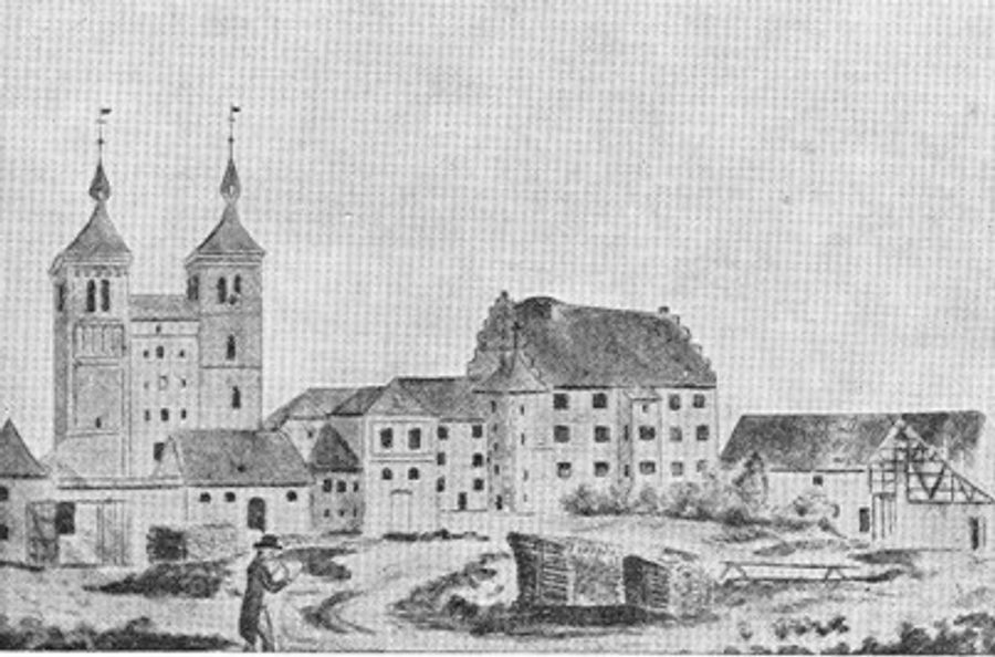 Historischer Stich: die Klosterkirche Auhausen mit ihren zwei Türmen und die angrenzenden Klostergebäude, davor ein Spaziergänger.
