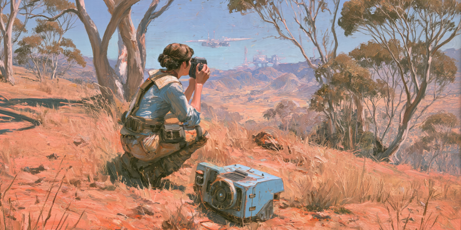 Illustration of a camera operator filming an Australian landscape, with eucalyptus trees, red earth and industry in the distance.