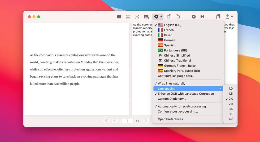 Changing line spacing to correctly run OCR text recognition on double spaced documents on the Mac
