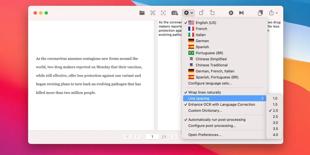 Changing line spacing to correctly run OCR text recognition on double spaced documents on the Mac