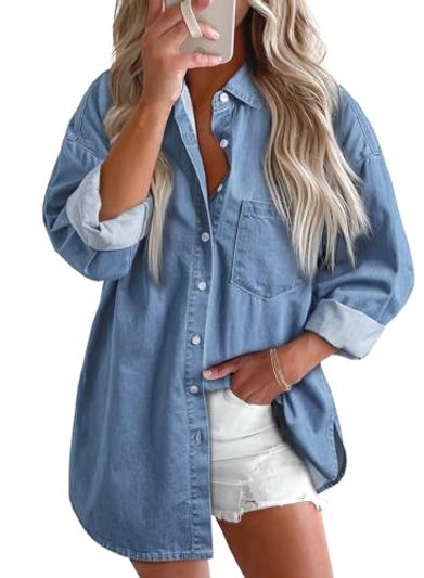 Astylish V-Neck Chambray Button-Down Denim Shirt