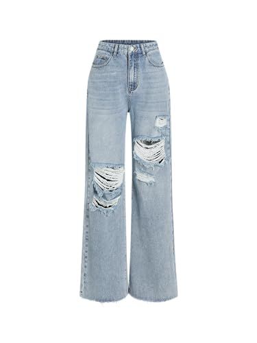 CIDER High-Waisted Ripped Wide-Leg Jeans