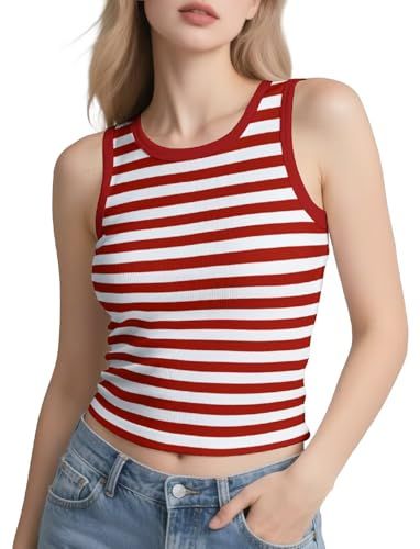 IVOVFANZY Women's Tank Tops - Striped Summer Slim Fit Sleeveless High Neck Outfits(Red&White, M)