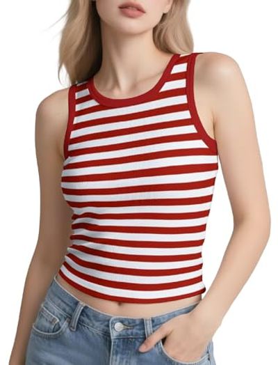 IVOVFANZY Women's Tank Tops - Striped Summer Slim Fit Sleeveless High Neck Outfits(Red&White, M)