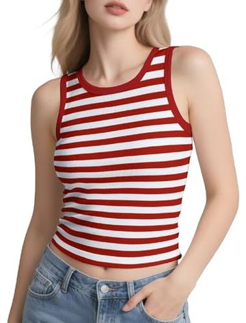 IVOVFANZY Women's Tank Tops - Striped Summer Slim Fit Sleeveless High Neck Outfits(Red&White, M)