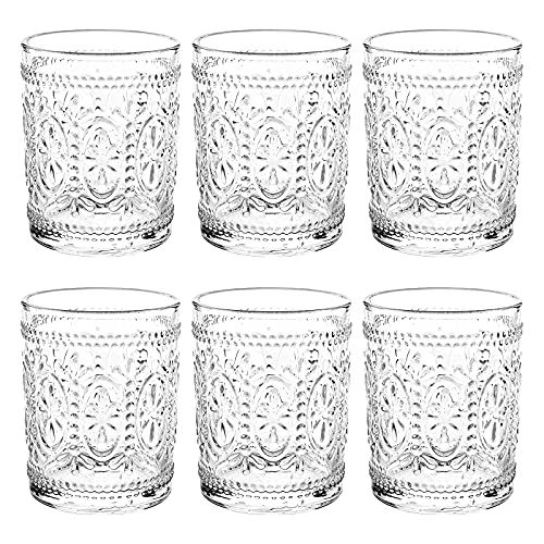 Bekith Embossed Vintage Drinking Glasses, 9.5 oz, Set of 6
