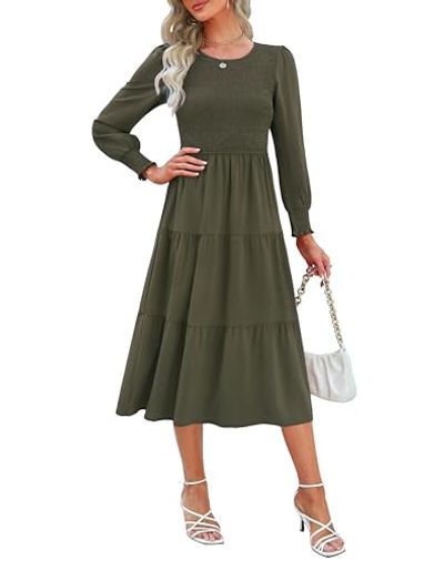 Zattcas Long Sleeve Tiered Midi Dress, Army Green