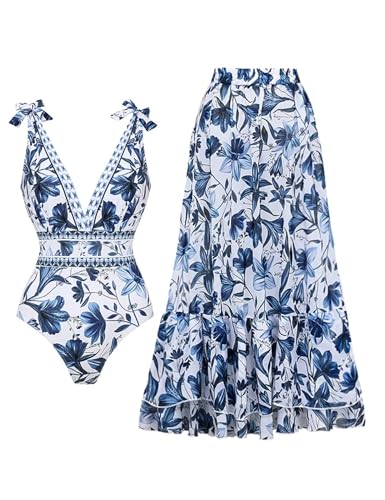 FLAXMAKER Blue and White Adjustable Shoulder Strip Plant Prints One Piece Swimsuit and Skirt/Sarong (US, Alpha, Small, Regular, Regular, Blue #1 Swim and Skirt)