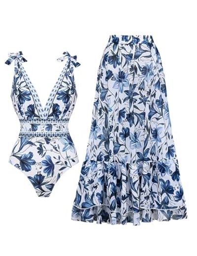 FLAXMAKER Plant Print One-Piece Swimsuit & Sarong Skirt