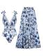FLAXMAKER Plant Print One-Piece Swimsuit & Sarong Skirt
