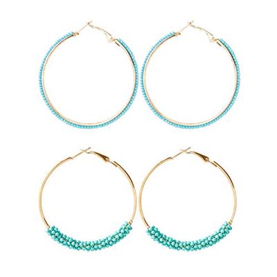 Colorful Bling Bohemian Beaded Hoop Earrings, 2 Pairs