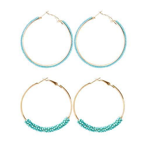 Colorful Bling Bohemian Beaded Hoop Earrings, 2 Pairs