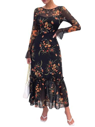 AUMORA Women's Long Sleeve Floral Mesh Maxi Dress