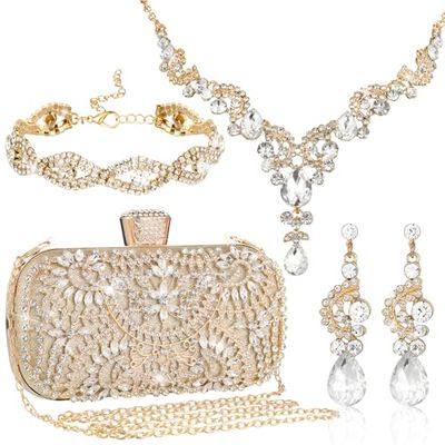 Quelay 4-Piece Rhinestone Bridal Jewelry & Handbag Set