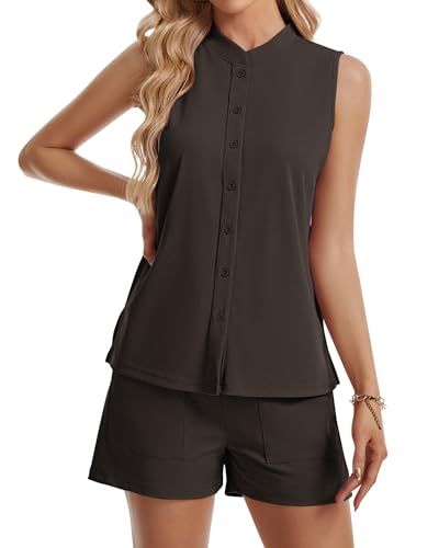 AUSELILY Women's 2 Piece Waffle Knit Lounge Set Summer Vacation Outfits Sleeveless Button Up Tank Top Shorts Drawstring Matching Set with Pockets 2026 Dark Coffee XL