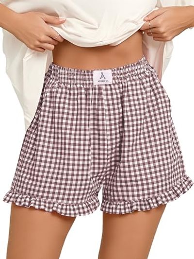 ANRABESS Women's Gingham Ruffle Boxer Shorts