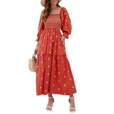 ABYOVRT Floral Embroidered Puff-Sleeve Maxi Dress