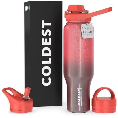 The Coldest Water Sports Water Bottle with 3-in-1 Lids, 46 oz, Red Nebula Glitter