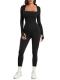 SeSe Code Women's Ribbed Square Neck Long Sleeve Yoga Jumpsuit