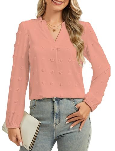LUXEBOLD Swiss Dot V-Neck Long-Sleeve Blouse
