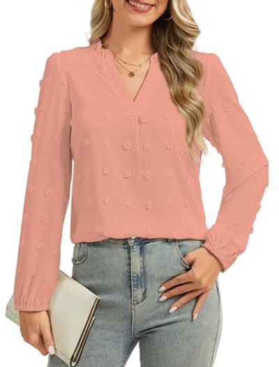 LUXEBOLD Swiss Dot V-Neck Long-Sleeve Blouse