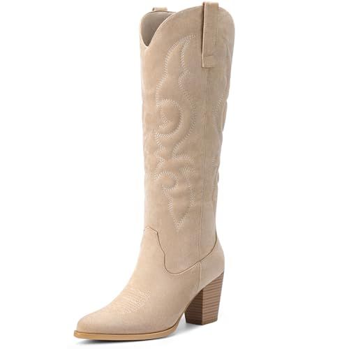 Pasuot Suede Western Knee High Cowgirl Boots, Beige, Size 8