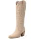 Pasuot Suede Western Knee High Cowgirl Boots, Beige, Size 8