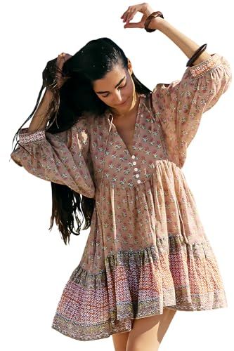 Boho Floral Patchwork Puff-Sleeve Babydoll Dress