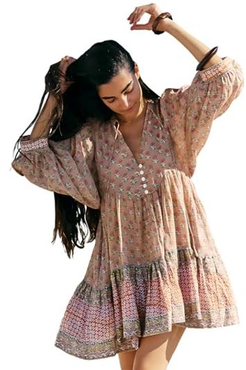 Boho Floral Patchwork Puff-Sleeve Babydoll Dress