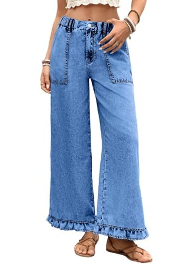 Astylish Women's Pull-On High Waisted Boho Wide-Leg Jeans