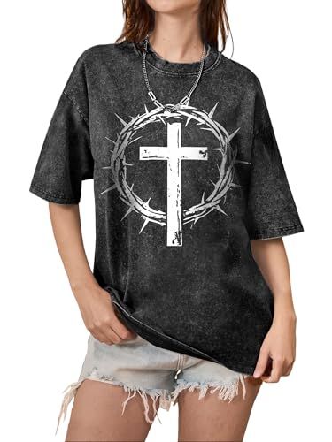 AUMORA Women's Vintage Washed Oversized Christian Graphic T-Shirt