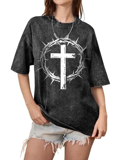 AUMORA Women's Vintage Washed Oversized Christian Graphic T-Shirt