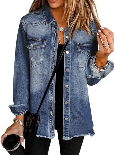 UEAL Oversized Denim Shacket Frayed Hem Button Down