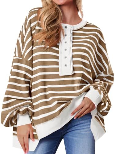 Tankaneo Oversized Striped Waffle-Knit Henley Top